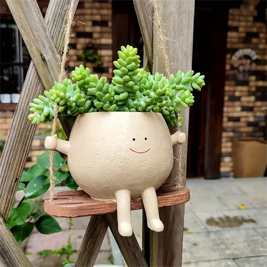 Hanging Swing Face Planter Resin Flower Head Pot for Indoor Outdoor Succulents Perfect for String of Pearls & Ideal Gift ﻿