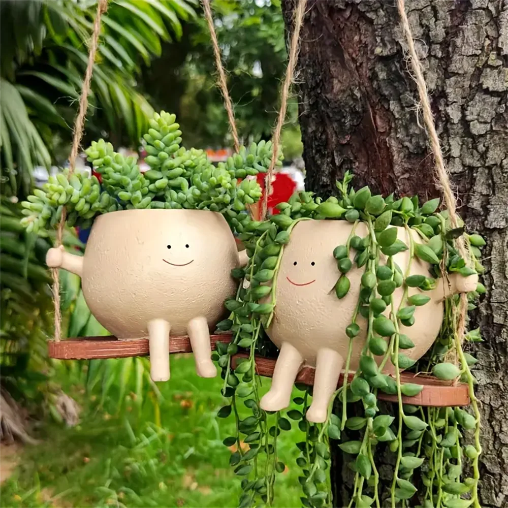 Hanging Swing Face Planter Resin Flower Head Pot for Indoor Outdoor Succulents Perfect for String of Pearls & Ideal Gift ﻿