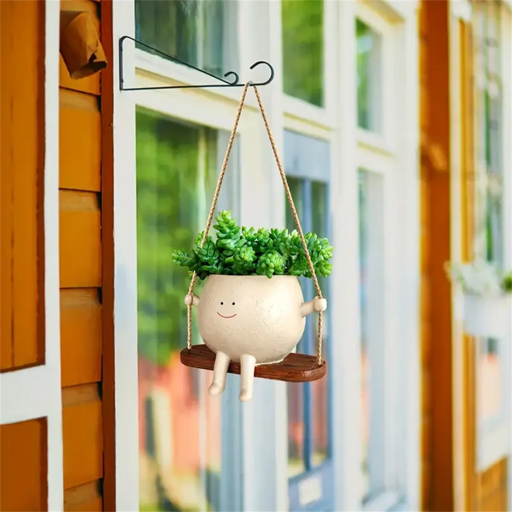 Hanging Swing Face Planter Resin Flower Head Pot for Indoor Outdoor Succulents Perfect for String of Pearls & Ideal Gift ﻿