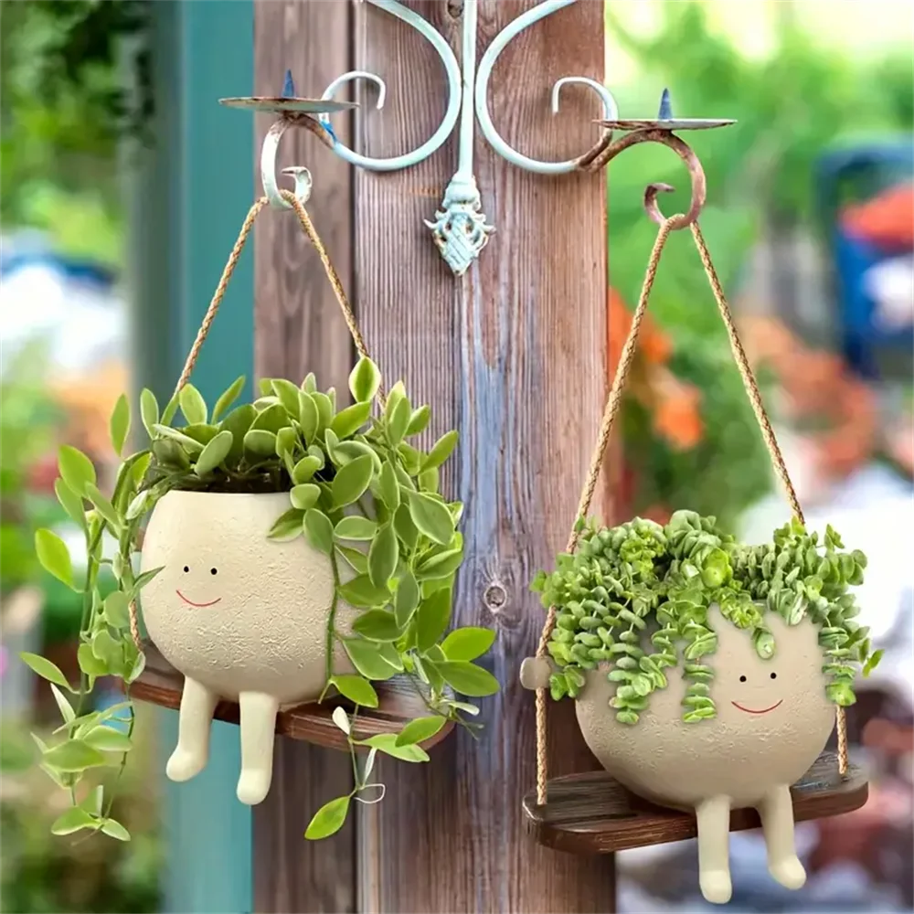 Hanging Swing Face Planter Resin Flower Head Pot for Indoor Outdoor Succulents Perfect for String of Pearls & Ideal Gift ﻿