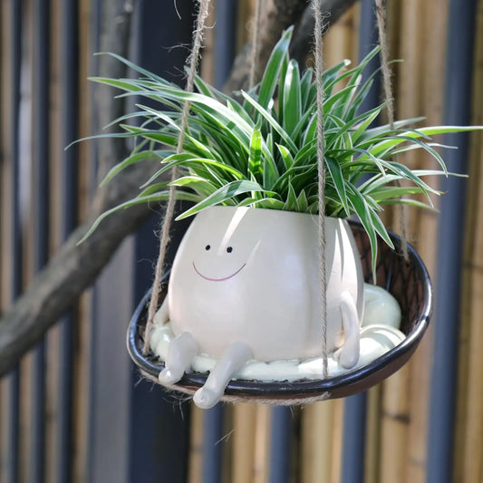 Cute Resin Hanging Swing Smiley Face Plant Flower Pot for Succulent Spider Plant Pot Storage Gift